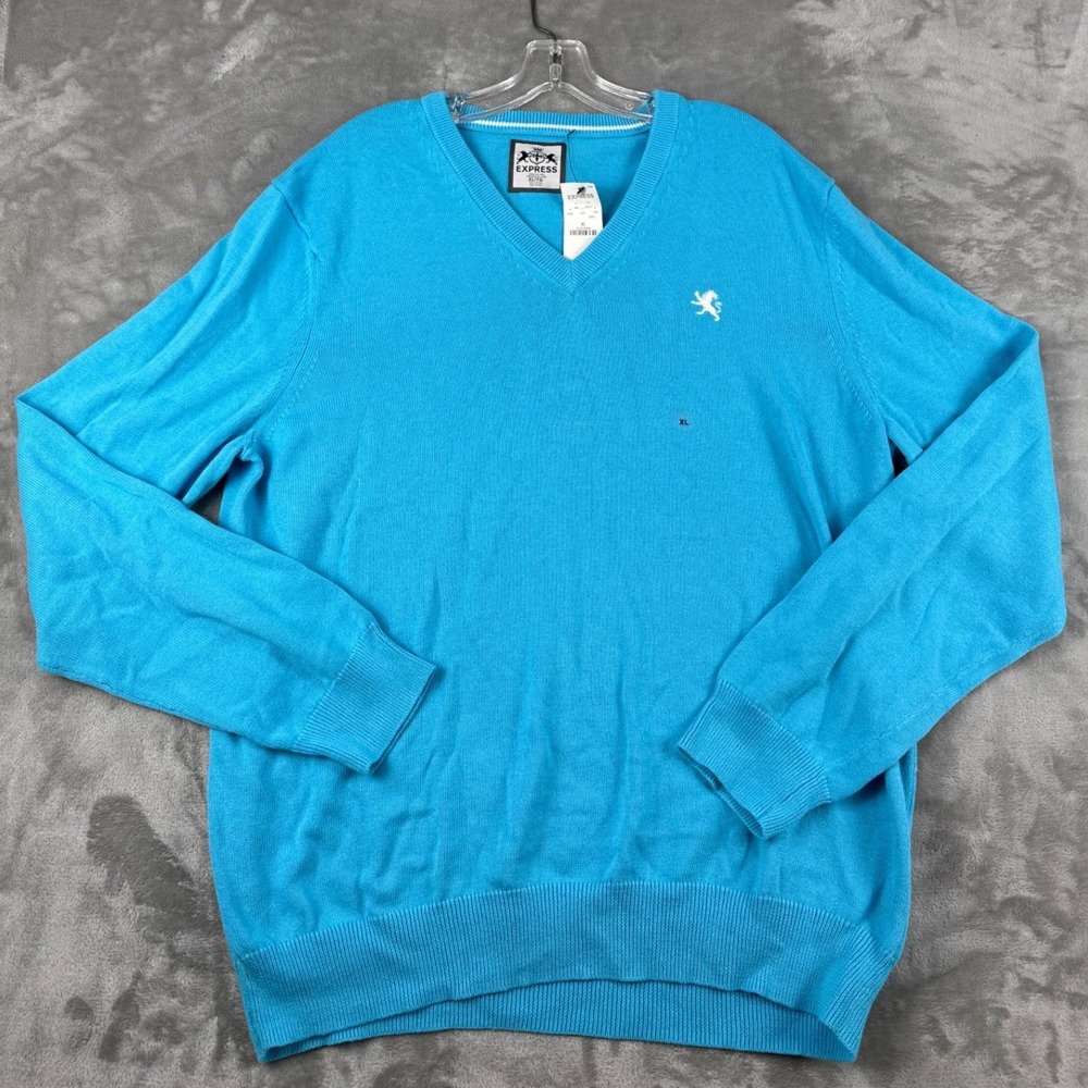 Express Mens V-Neck Sweater Blue Cotton Lion Logo Pullover XL New
